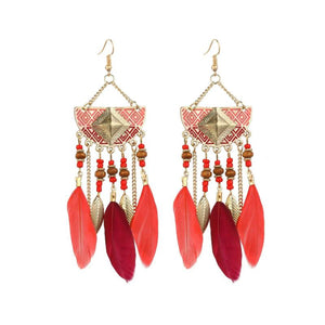 Bohemian Feather Tassel Earrings Wood Beads Dangle Earrings