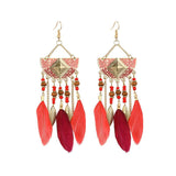 Bohemian Feather Tassel Earrings Wood Beads Dangle Earrings