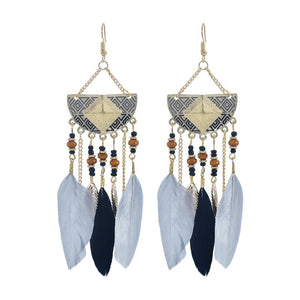 Bohemian Feather Tassel Earrings Wood Beads Dangle Earrings