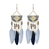 Bohemian Feather Tassel Earrings Wood Beads Dangle Earrings
