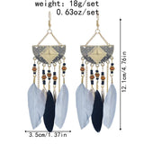 Bohemian Feather Tassel Earrings Wood Beads Dangle Earrings