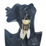 Bohemian Feather Tassel Earrings Wood Beads Dangle Earrings