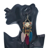 Bohemian Feather Tassel Earrings Wood Beads Dangle Earrings