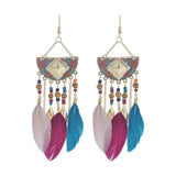 Bohemian Feather Tassel Earrings Wood Beads Dangle Earrings