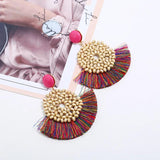 Boho Wood Bead Pendant Earrings Tassel Charm Jewelry