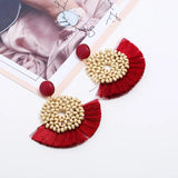 Boho Wood Bead Pendant Earrings Tassel Charm Jewelry