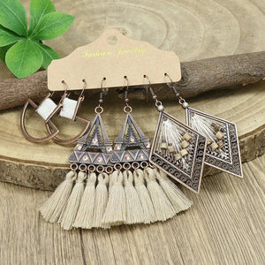 Boho Geometry Brown Tassel Drop Earrings Set Vintage Ethnic Wood Beaded Jewelry