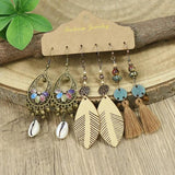 Boho Geometry Brown Tassel Drop Earrings Set Vintage Ethnic Wood Beaded Jewelry
