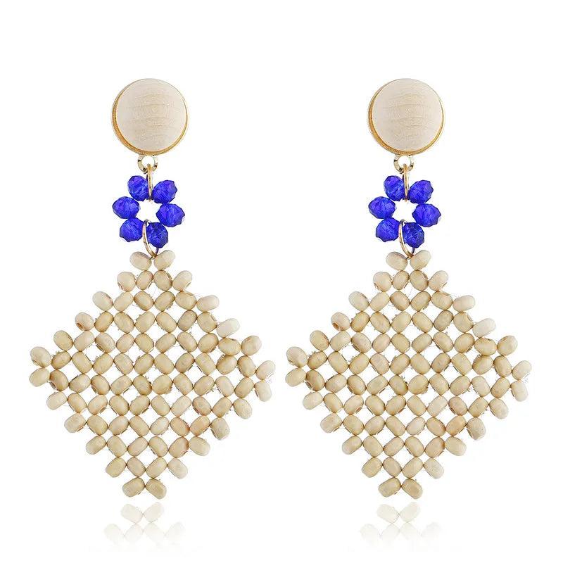 Rhinestone Flower Earrings with Wooden Beads, Hand-Woven Cutout Design