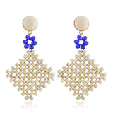 Rhinestone Flower Earrings with Wooden Beads, Hand-Woven Cutout Design