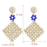 Rhinestone Flower Earrings with Wooden Beads, Hand-Woven Cutout Design