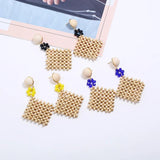 Rhinestone Flower Earrings with Wooden Beads, Hand-Woven Cutout Design