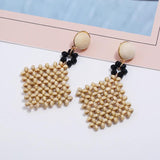 Rhinestone Flower Earrings with Wooden Beads, Hand-Woven Cutout Design