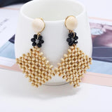 Rhinestone Flower Earrings with Wooden Beads, Hand-Woven Cutout Design