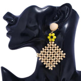 Rhinestone Flower Earrings with Wooden Beads, Hand-Woven Cutout Design