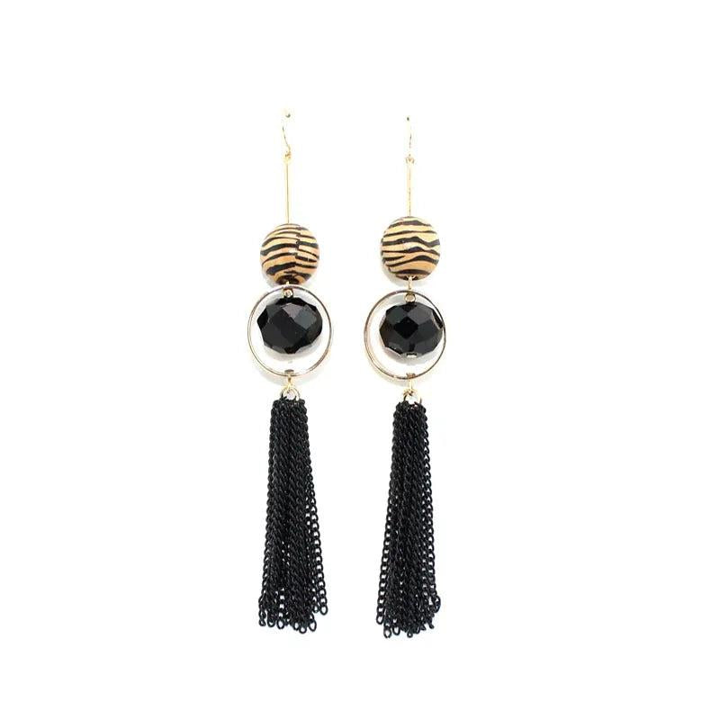 Vintage Wood Bead Faceted Glass Tassel Earrings