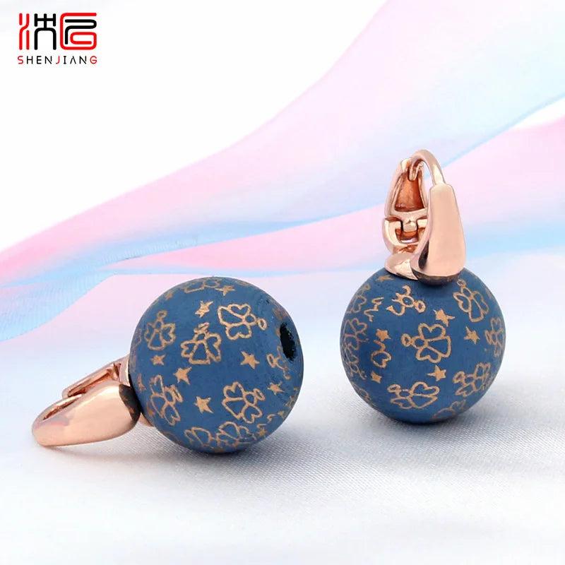Round Wooden Bead Dangle Earrings 585 Rose Eardrop For Women
