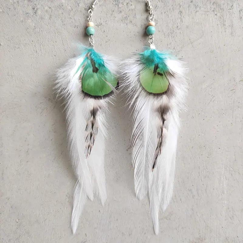 Boho Feather Earrings Wood Beads Turquoise Green Ornament