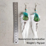 Boho Feather Earrings Wood Beads Turquoise Green Ornament