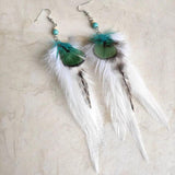 Boho Feather Earrings Wood Beads Turquoise Green Ornament