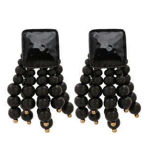 Wooden Beaded Chain Tassel Drop Dangle Earrings Statement Jewelry Gift