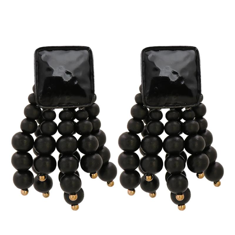 Wooden Beaded Chain Tassel Drop Dangle Earrings Statement Jewelry Gift