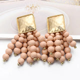 Wooden Beaded Chain Tassel Drop Dangle Earrings Statement Jewelry Gift