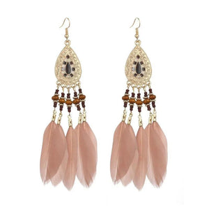 Bohemian Feather Chain Tassel Earrings Wood Bead Enamel Dangle Drop Jewelry
