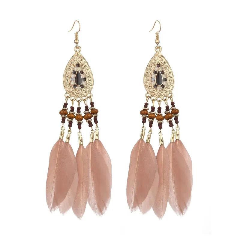 Bohemian Feather Chain Tassel Earrings Wood Bead Enamel Dangle Drop Jewelry