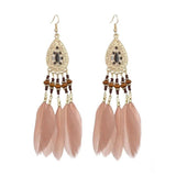 Bohemian Feather Chain Tassel Earrings Wood Bead Enamel Dangle Drop Jewelry
