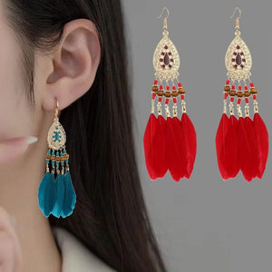 Bohemian Feather Chain Tassel Earrings Wood Bead Enamel Dangle Drop Jewelry