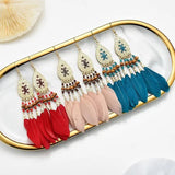 Bohemian Feather Chain Tassel Earrings Wood Bead Enamel Dangle Drop Jewelry
