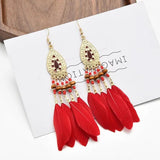 Bohemian Feather Chain Tassel Earrings Wood Bead Enamel Dangle Drop Jewelry