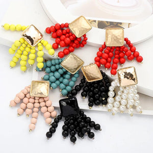 Long Wooden Beads Chain Drop Dangle Earrings