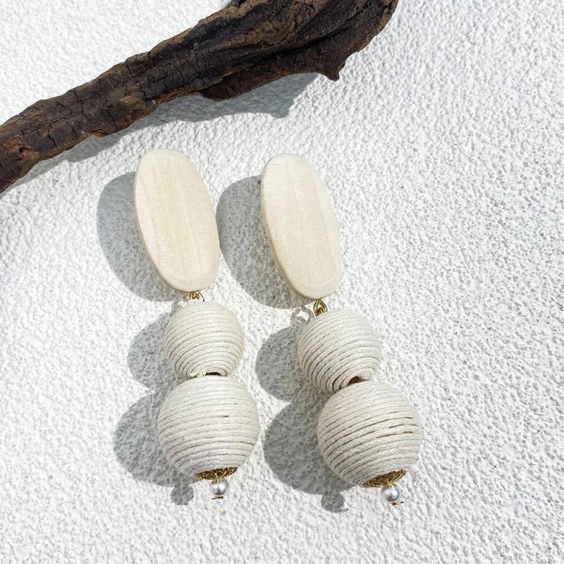 Braided Ball Hanging Earrings Brown Beads Geometric Teardrop Circle Drop