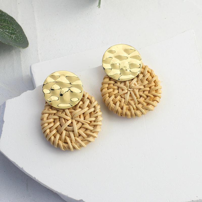 Rattan Knit Geometric Dangle Drop Earrings Ethnic Bohemia Wooden Shell Big