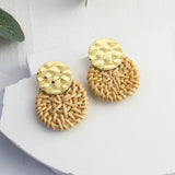 Rattan Knit Geometric Dangle Drop Earrings Ethnic Bohemia Wooden Shell Big