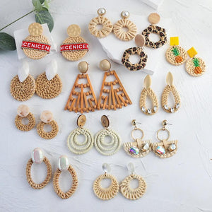 Rattan Knit Geometric Dangle Drop Earrings Ethnic Bohemia Wooden Shell Big