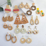 Rattan Knit Geometric Dangle Drop Earrings Ethnic Bohemia Wooden Shell Big