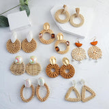 Rattan Knit Geometric Dangle Drop Earrings Ethnic Bohemia Wooden Shell Big