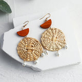 Rattan Knit Geometric Dangle Drop Earrings Ethnic Bohemia Wooden Shell Big