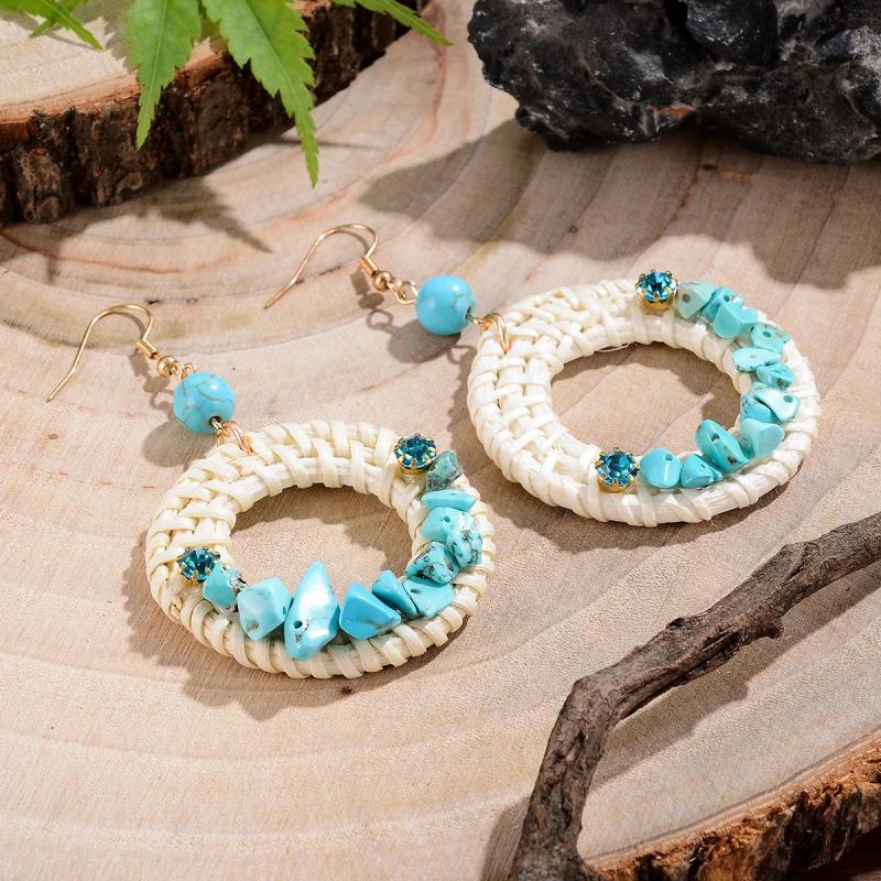Bohemian Turquoise Beaded Rattan Dangle Earrings
