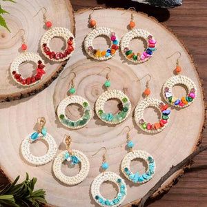 Bohemian Turquoise Beaded Rattan Dangle Earrings