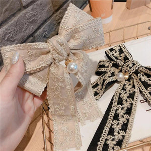 Vintage Fabric Big Bow Brooch Lace Embroidery Bowkont Necktie