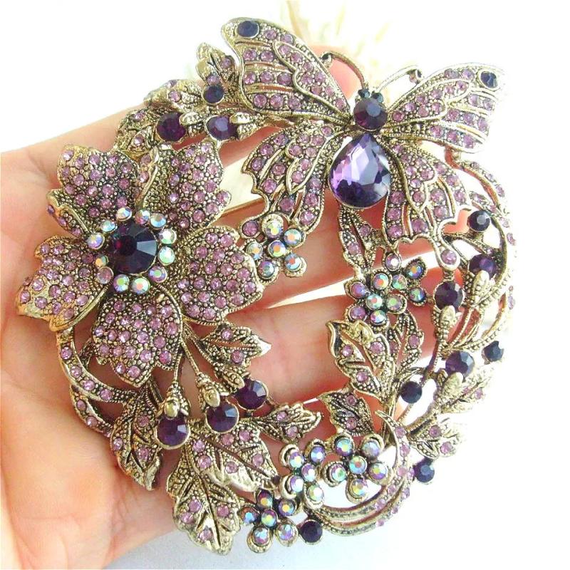 Elegant Amethyst Rhinestone Butterfly Brooch for Women