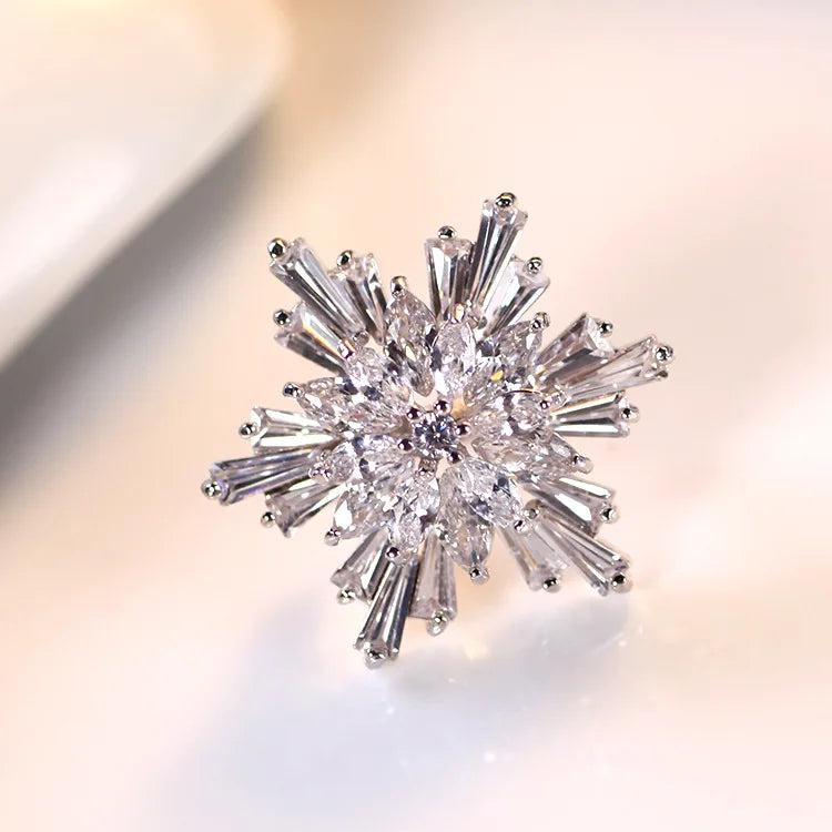 Silver Snowflake Crystal Brooch Round Safety Pin