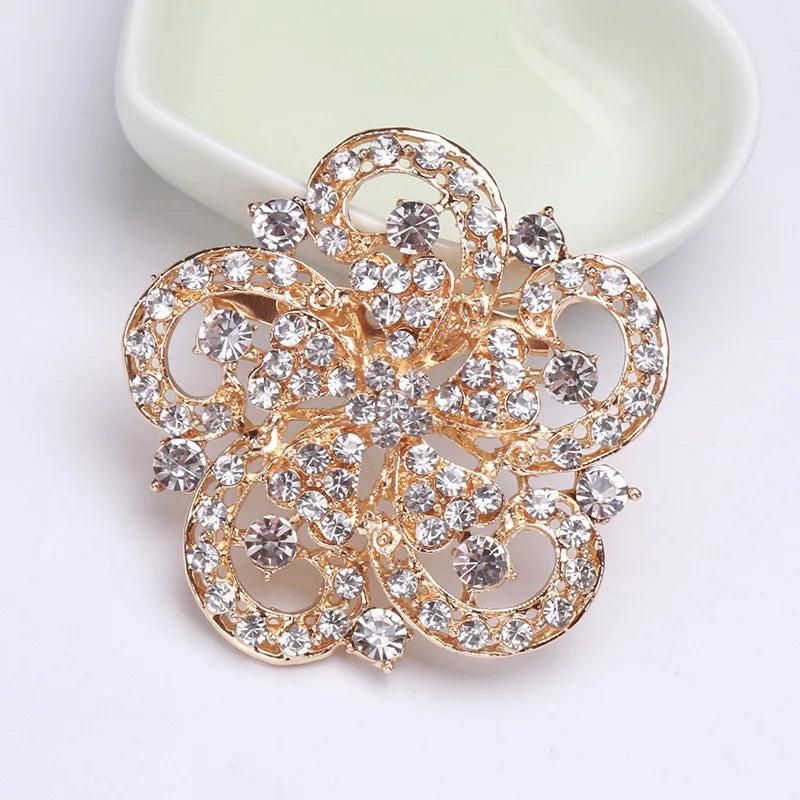 Gold Rhinestone Flower Brooch for Women