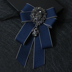 Retro Ribbon Bow Tie Brooch Rhinestones Necktie Suit Pin