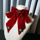 Velvet Bow Tie Brooch Pins Fabric Flower Rhinestone Necktie for Women