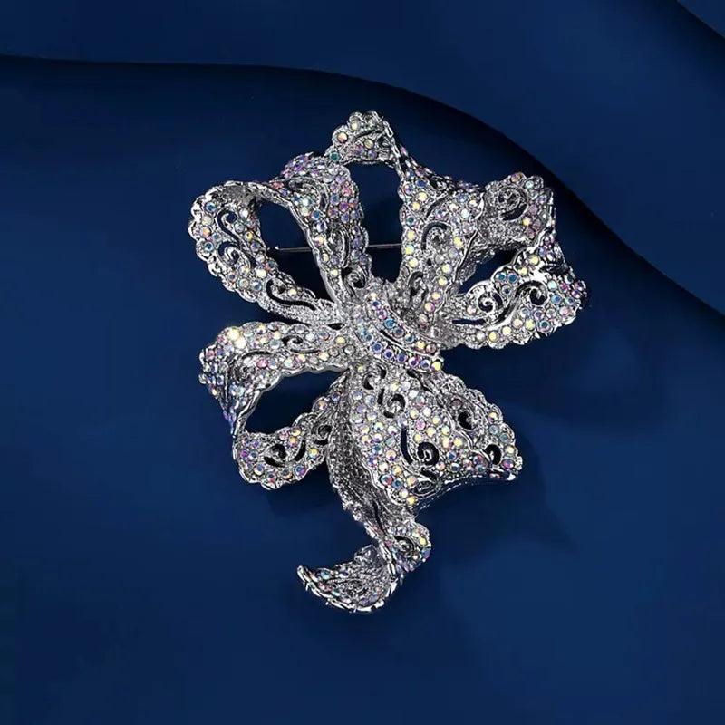 Vintage Bowknot Brooch Silver Alloy Crystal Brooch